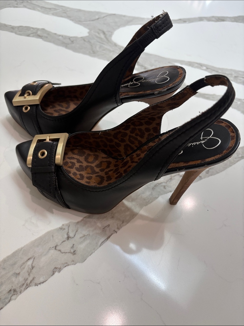 Jessica Simpson Black Slingback Heels with Gold Buckle